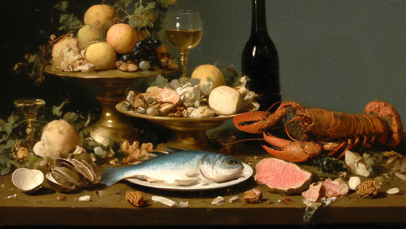 Still life painting with fish, lobster, and fruits on a table against a dark background